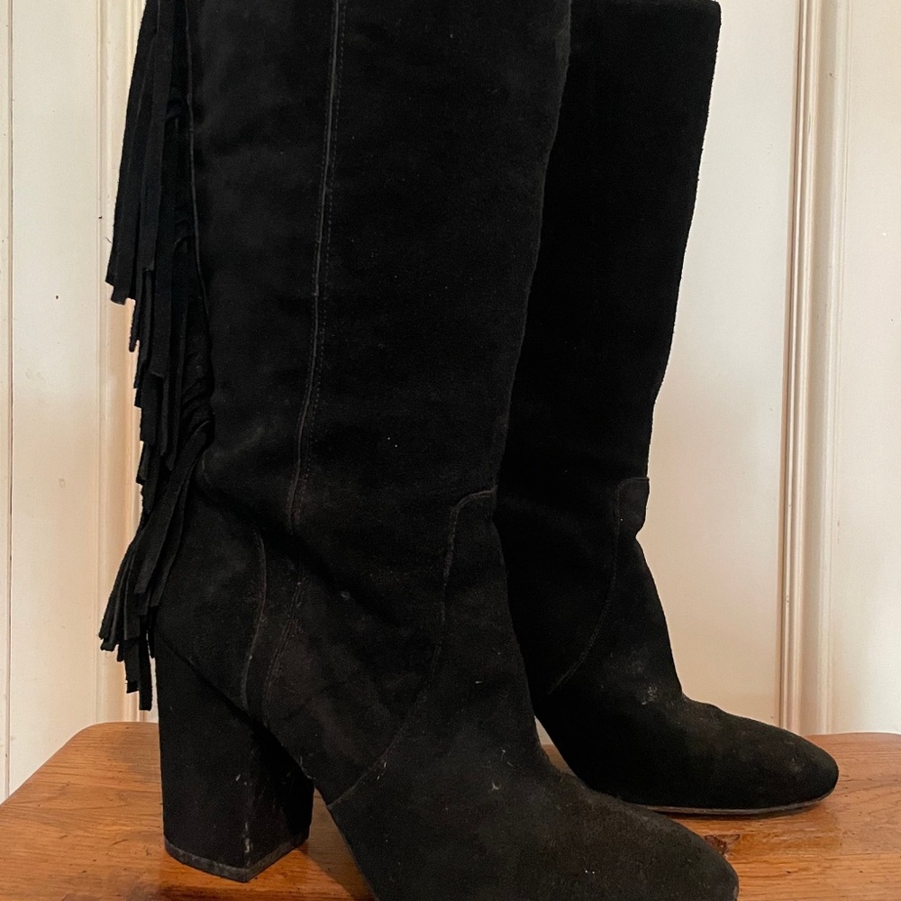 Nine West Black Heeled Boots with Fringe Detail